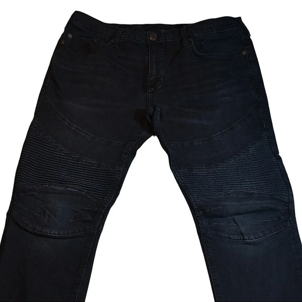 True Religion Rocco Relaxed Skinny Moto Jeans Mens 36 Indigo Blue Ribbed Denim